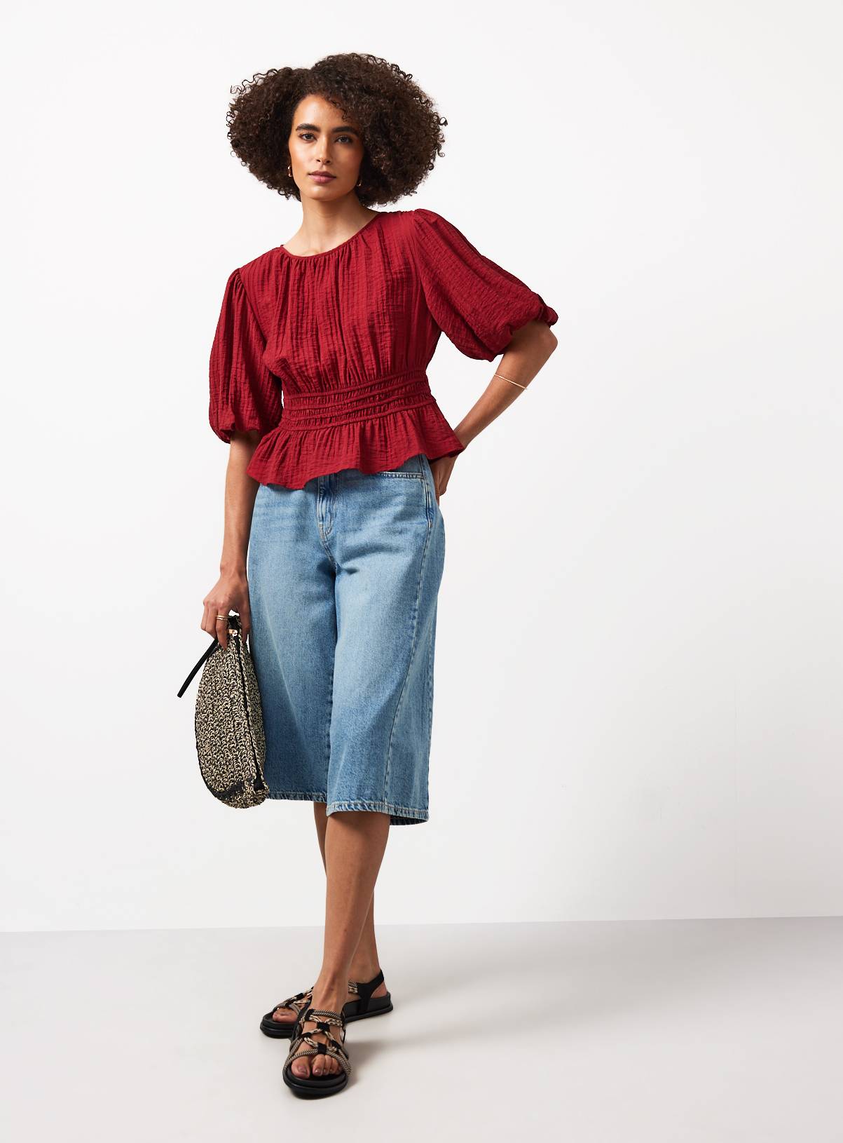 Dark Red Textured Waisted Short Sleeve Blouse 12 - Image 2